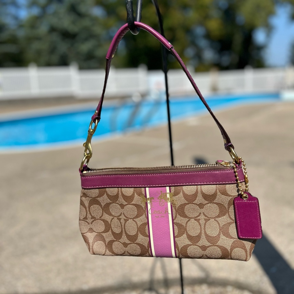 Brown and purple leather coach bag
